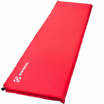 A red inflatable sleeping pad with the brand name 'WINTERIAL' printed in white near the bottom left corner, shown on a plain white background.