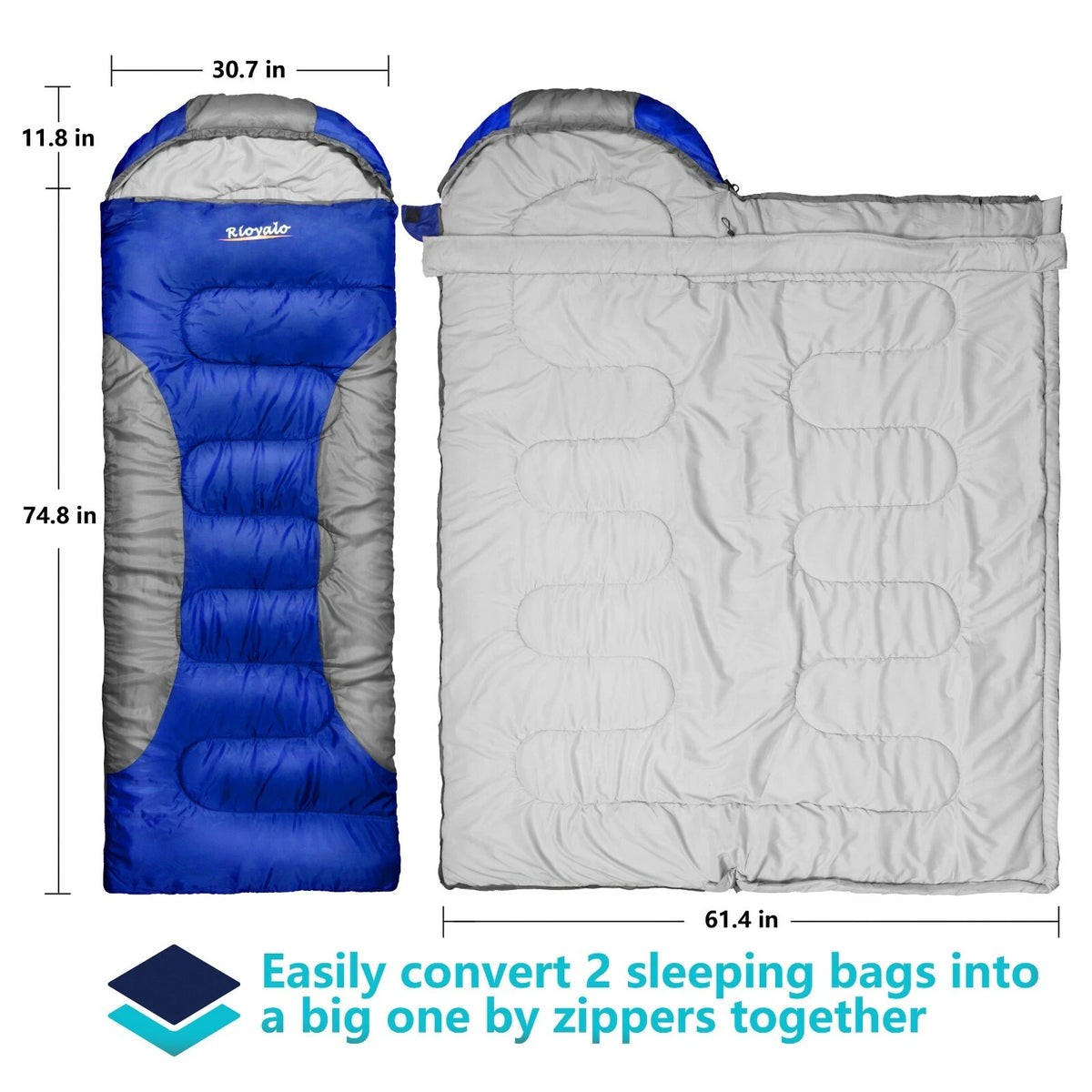 Two sleeping bags shown on a white background with dimension labels: one blue and gray sleeping bag on the left, and a light gray sleeping bag on the right. Text at the bottom says it can be converted into one big bag by zippers together.