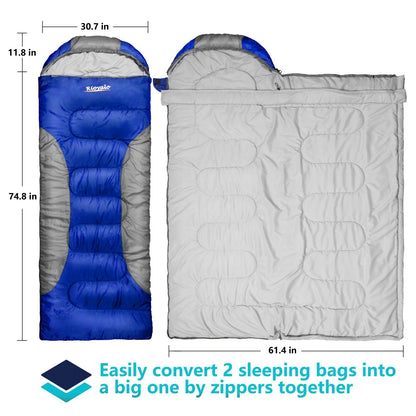 Two sleeping bags shown on a white background with dimension labels: one blue and gray sleeping bag on the left, and a light gray sleeping bag on the right. Text at the bottom says it can be converted into one big bag by zippers together.