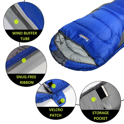 Blue and gray sleeping bag shown on a white background with four circular callout insets highlighting features: wind buffer tube, snug-free ribbon, velcro patch, and storage pocket.