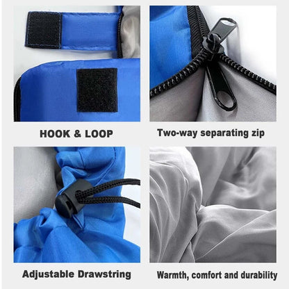 Four-panel product detail graphic showing a blue and gray bag or pouch: hook and loop fastening, a two-way zipper, an adjustable drawstring, and close-up fabric texture with text labels.