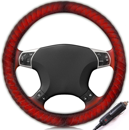 Steering wheel cover with red stitching and a charging cable on a white background