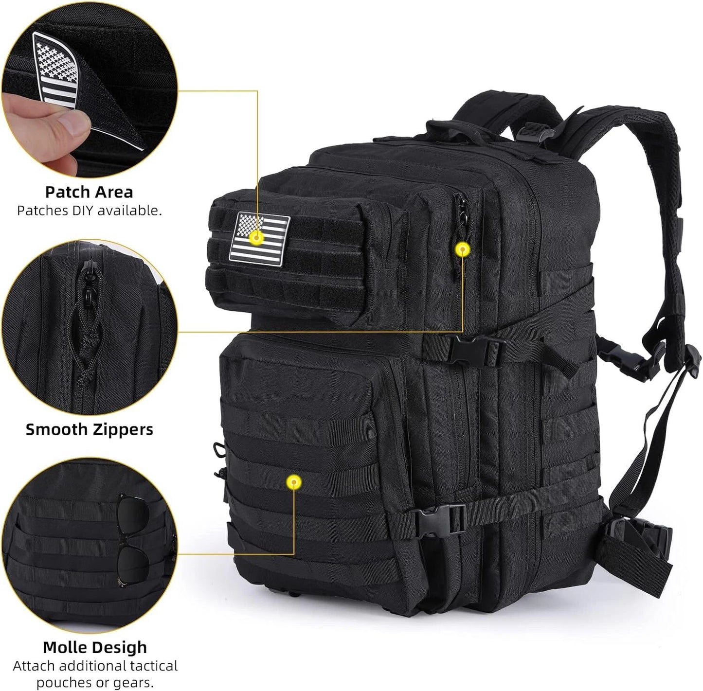 Black tactical backpack with features highlighted on a white background