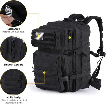 Black tactical backpack with features highlighted on a white background