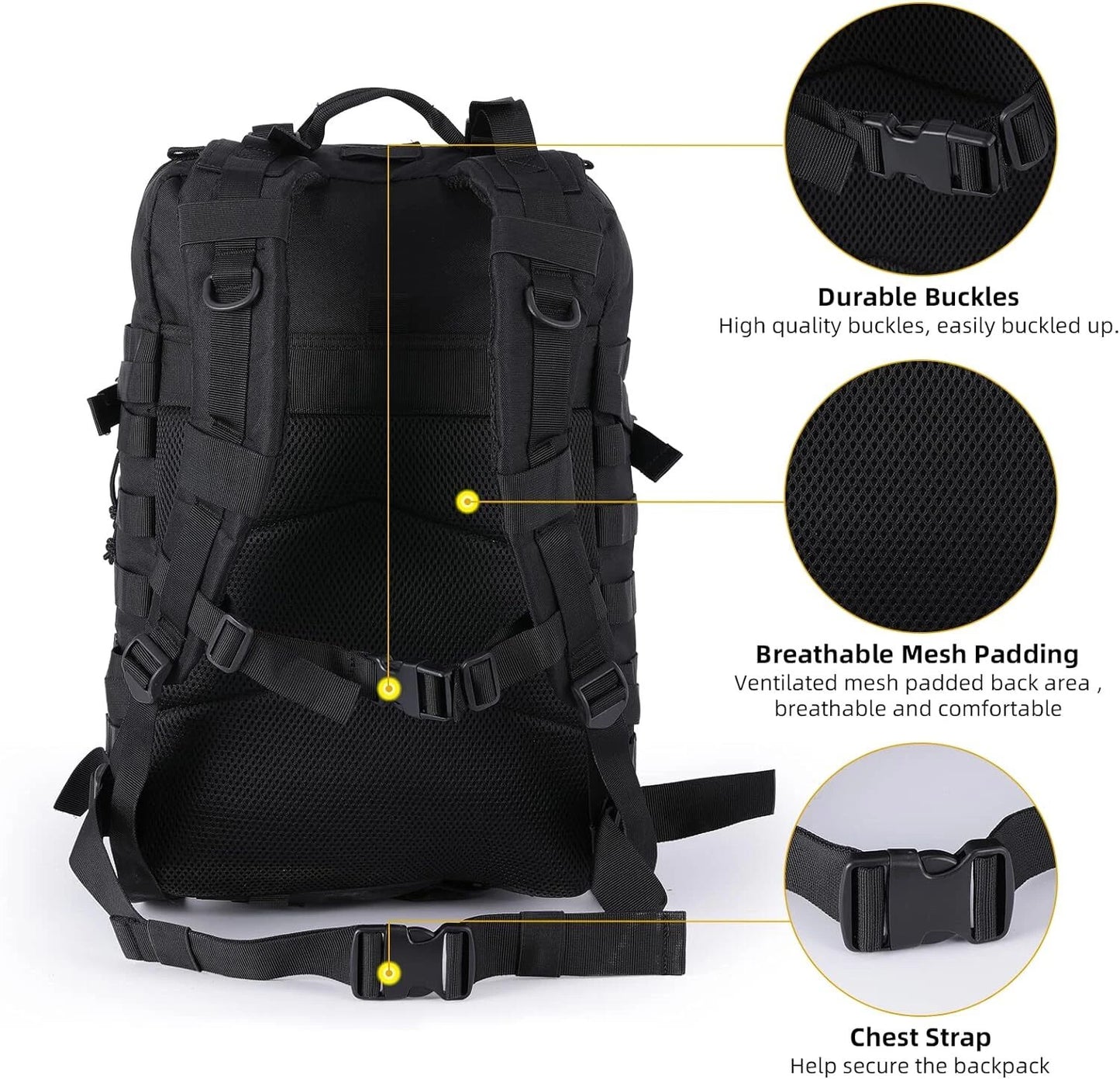 Black backpack with durable buckles, breathable mesh padding, and chest strap on a white background