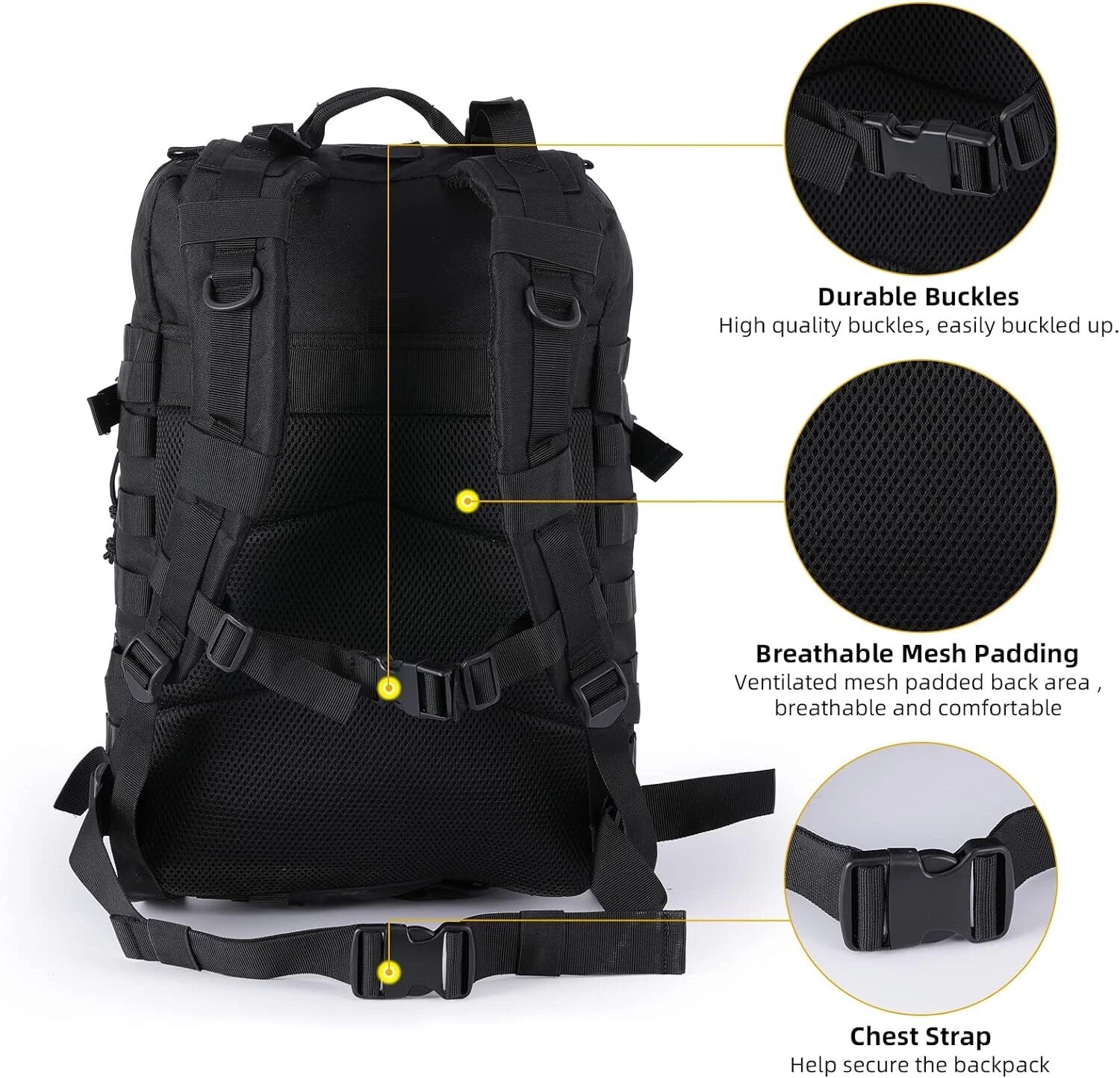 Black backpack with durable buckles, breathable mesh padding, and chest strap on a white background