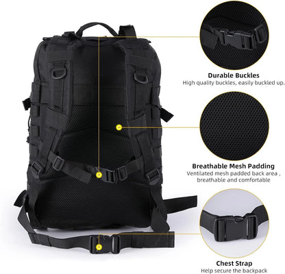 Black backpack with durable buckles, breathable mesh padding, and chest strap on a white background