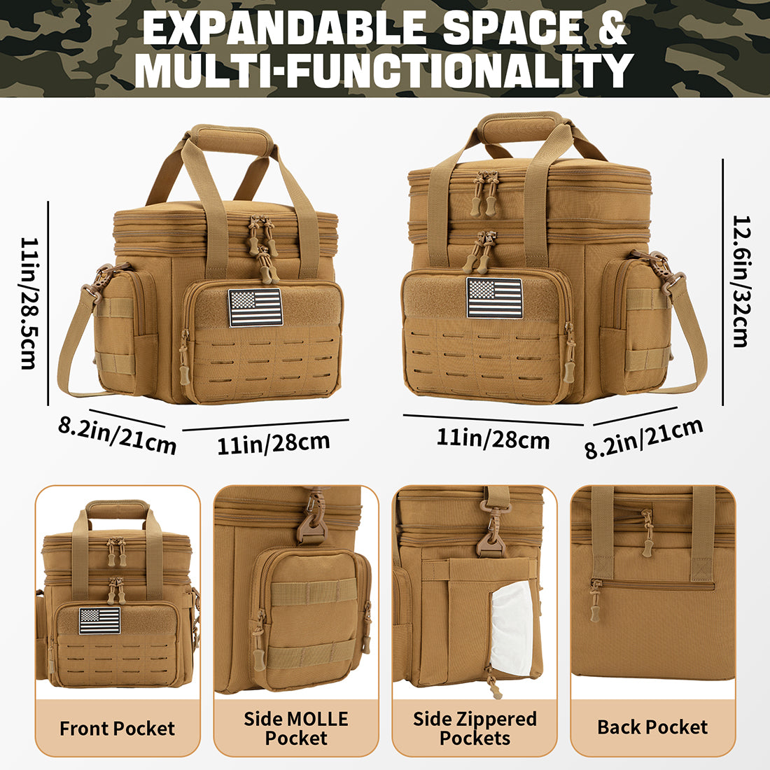 Expandable tactical lunch bag showing storage capacity and multiple compartments