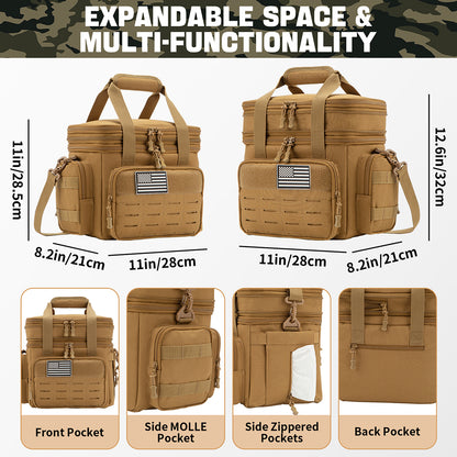 Expandable tactical lunch bag showing storage capacity and multiple compartments