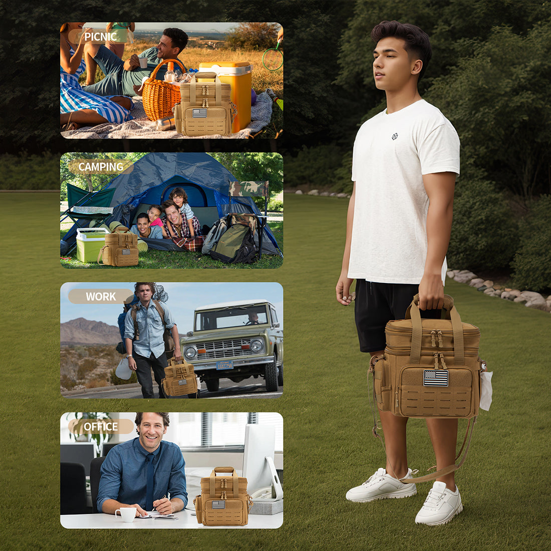 Expandable tactical lunch bag used in difference scenarios