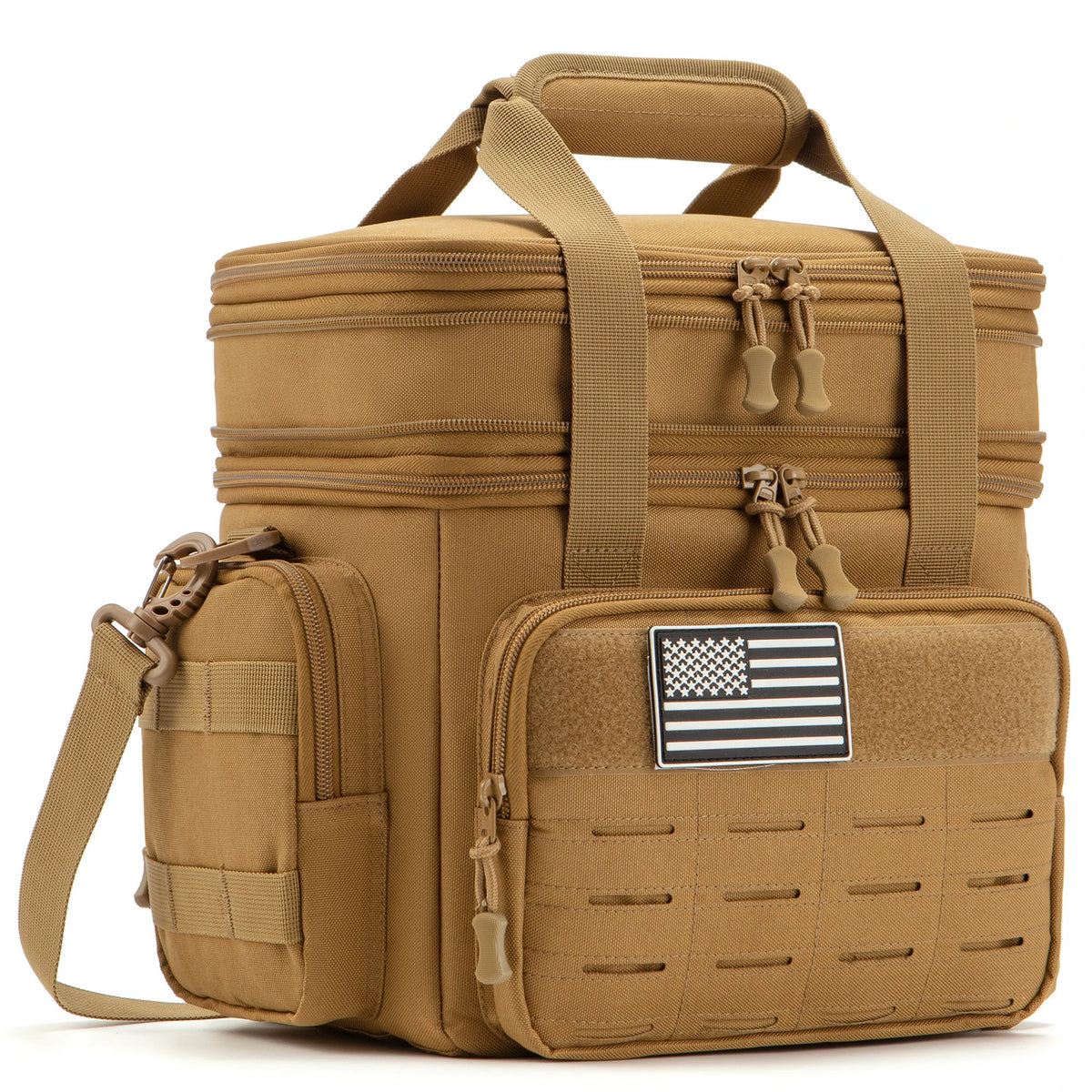 Khaki tactical lunch bag with front MOLLE pocket and shoulder strap
