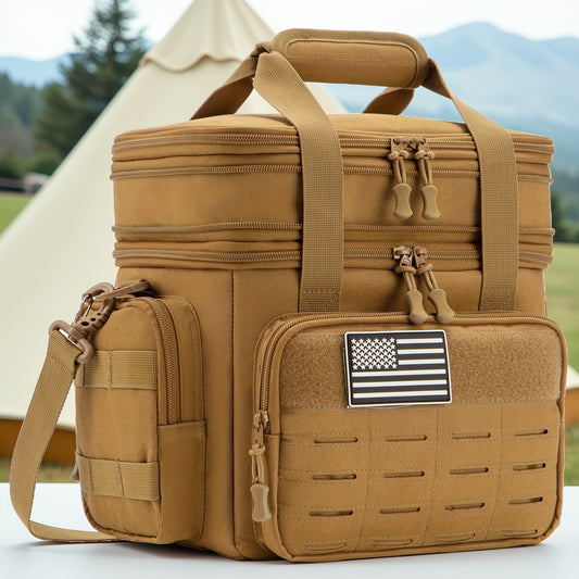 Khaki tactical lunch bag with shoulder strap and front storage pockets