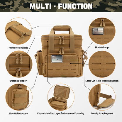 Tactical lunch bag showing removable strap, MOLLE webbing and storage features
