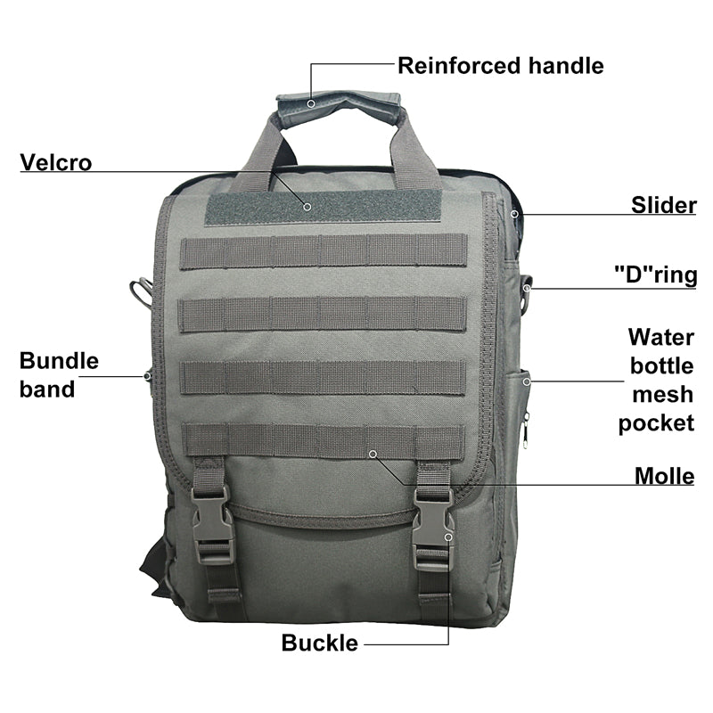 Tactical sling bag showing reinforced handle, MOLLE straps, buckles, and bottle pocket