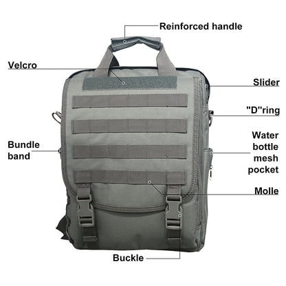 Tactical sling bag showing reinforced handle, MOLLE straps, buckles, and bottle pocket