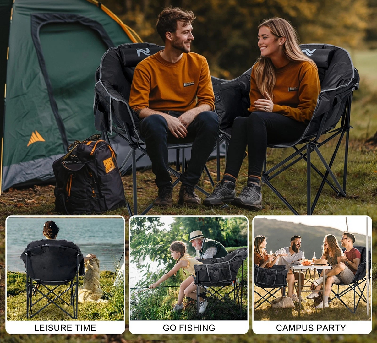 Two people sitting in camping chairs with text 'Warm Your Winter' and additional scenes of people using the chairs.