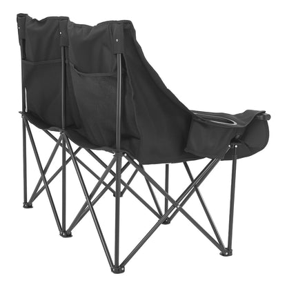 Black folding chair with a bag attached on a white background