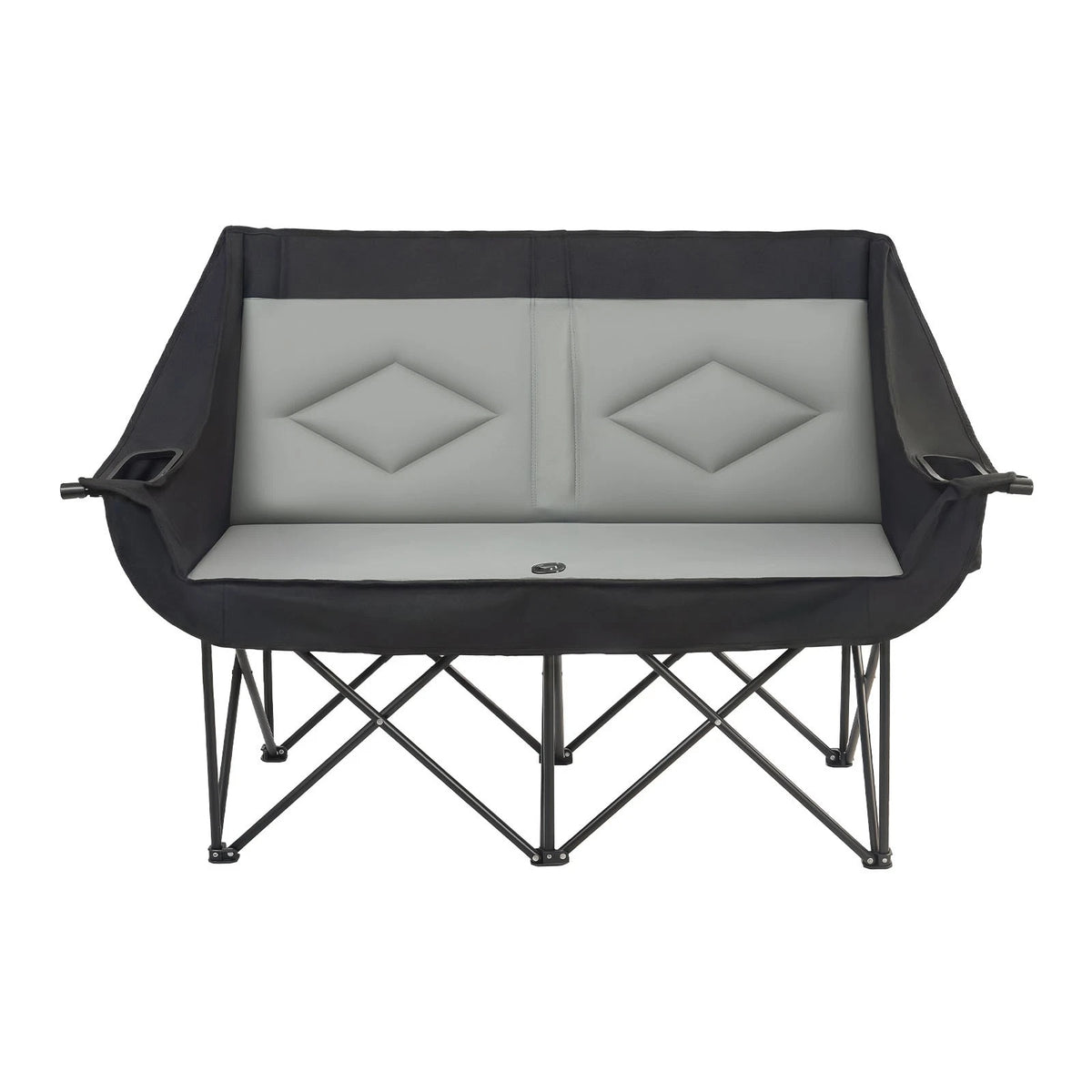 A black and gray folding camp lounger with a padded seat and backrest, shown on a plain white background.