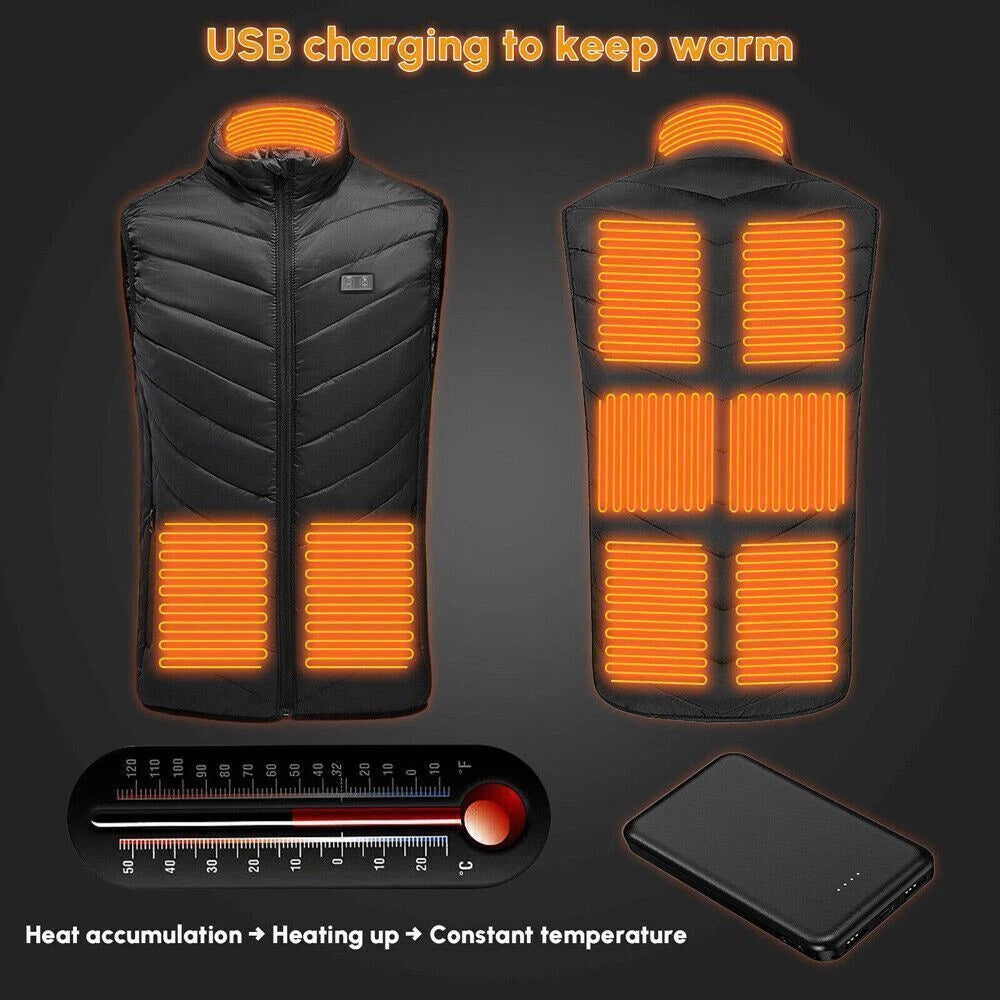 Heated vest with USB charging feature on a dark background