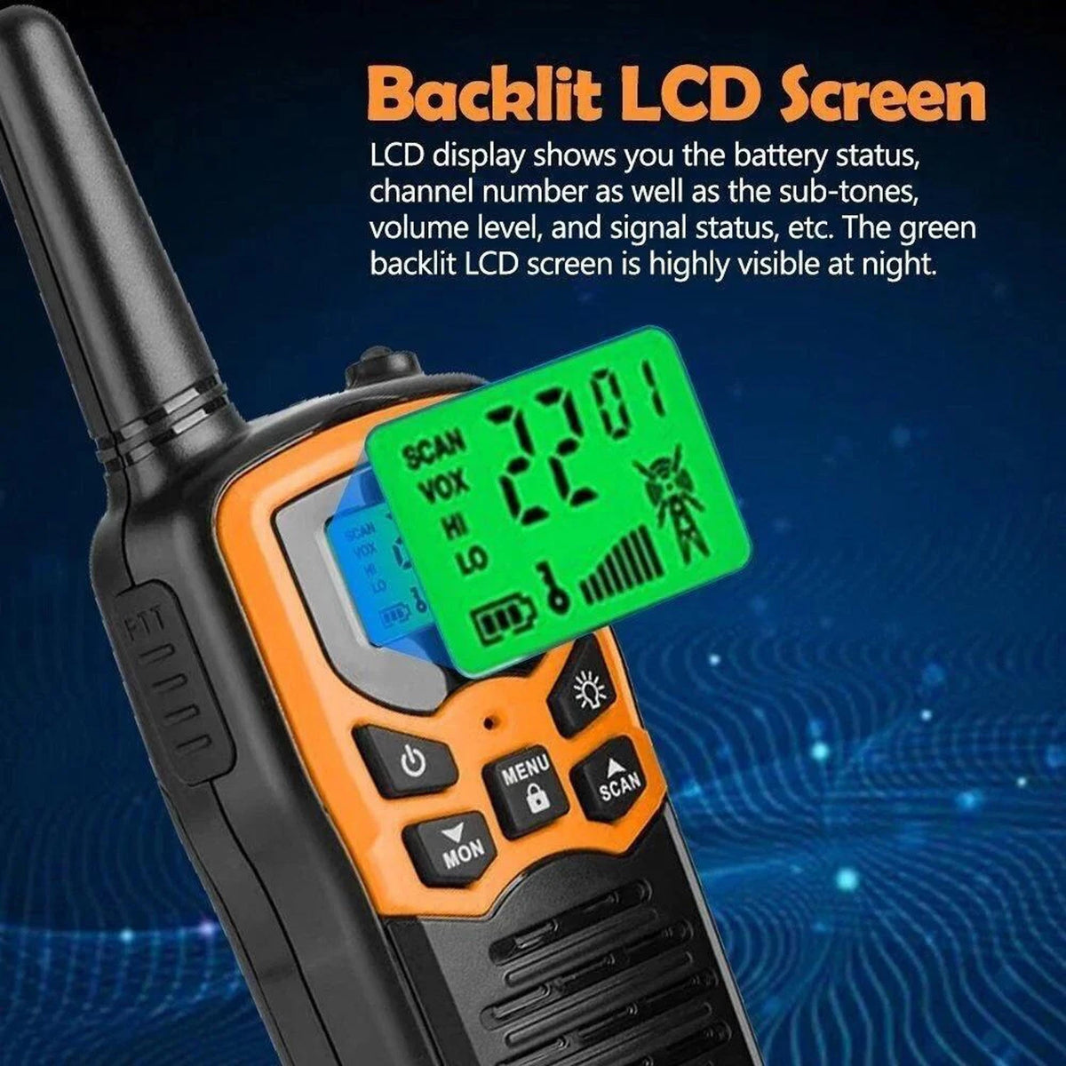 Walkie talkie with green backlit LCD screen displaying channel numbers and status on a blue background.