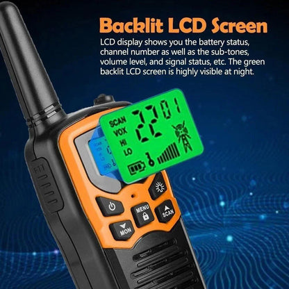 Walkie talkie with green backlit LCD screen displaying channel numbers and status on a blue background.