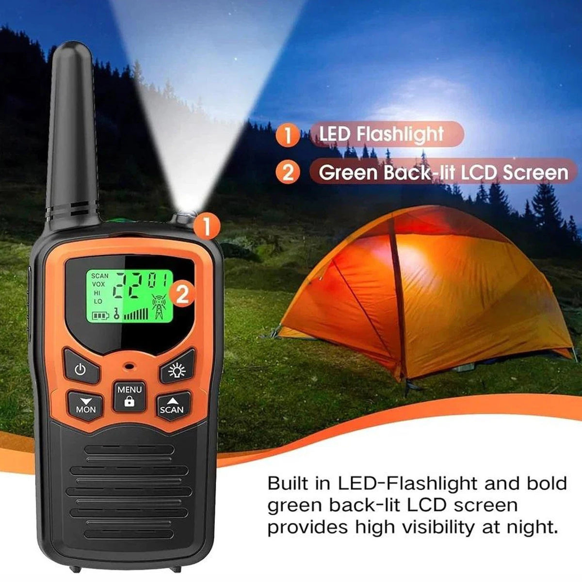 An orange and black handheld walkie-talkie-style flashlight with a green backlit LCD screen, shown over a camping scene with a tent at night. Text highlights LED flashlight and green backlit LCD screen features.