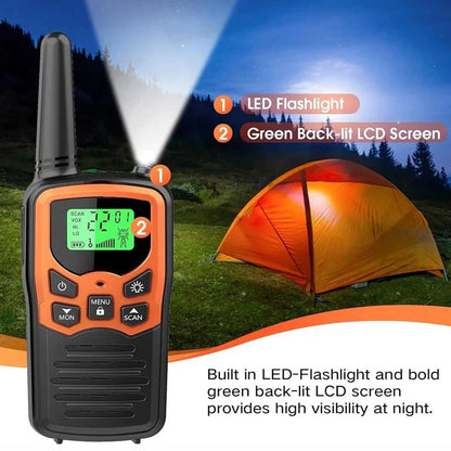 An orange and black handheld walkie-talkie-style flashlight with a green backlit LCD screen, shown over a camping scene with a tent at night. Text highlights LED flashlight and green backlit LCD screen features.