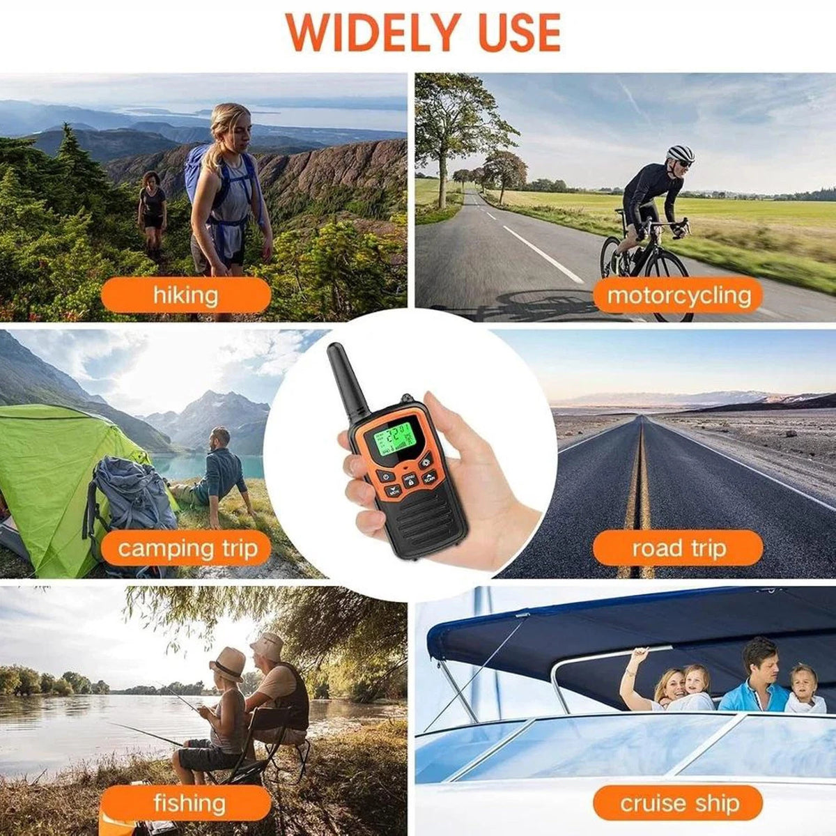A handheld walkie-talkie is shown in the center of a collage with the headline 'WIDELY USE' at the top. The surrounding photos demonstrate use cases: hiking, motorcycling, camping trip, road trip, fishing, and cruise ship.