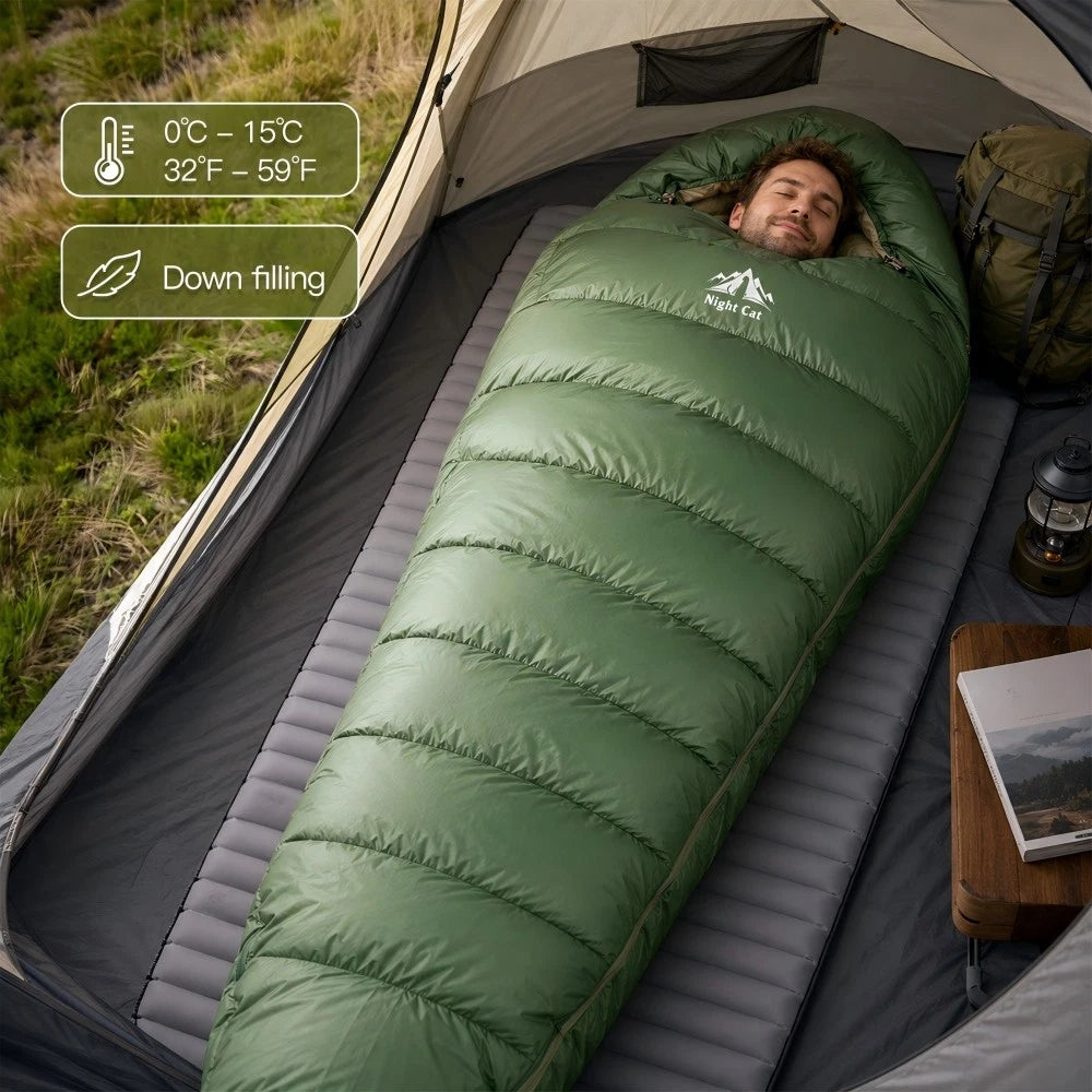 A man lies inside a green down-filling mummy sleeping bag set up inside a tent, with a gray sleeping pad underneath. The tent interior is visible, along with a backpack, lantern, and small table with a magazine.