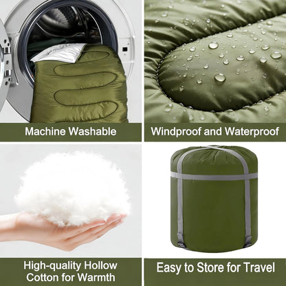 A 2x2 feature collage for an olive green camping sleeping bag. Top-left shows the sleeping bag inside a washing machine, labeled 'Machine Washable'.