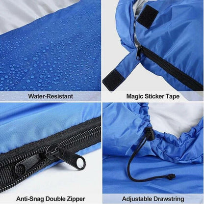 Four-panel product feature collage for a blue waterproof sleeping bag or tent cover, showing water droplets on the surface, a black 'Magic Sticker Tape' patch, an anti-snag double zipper, and an adjustable drawstring.