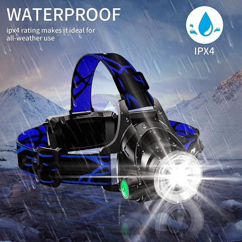 Headlamp with blue strap in a rainy mountainous landscape, emphasizing waterproof IPX4 rating.