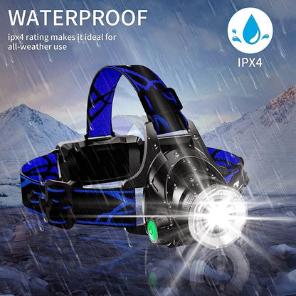 Headlamp with blue strap in a rainy mountainous landscape, emphasizing waterproof IPX4 rating.