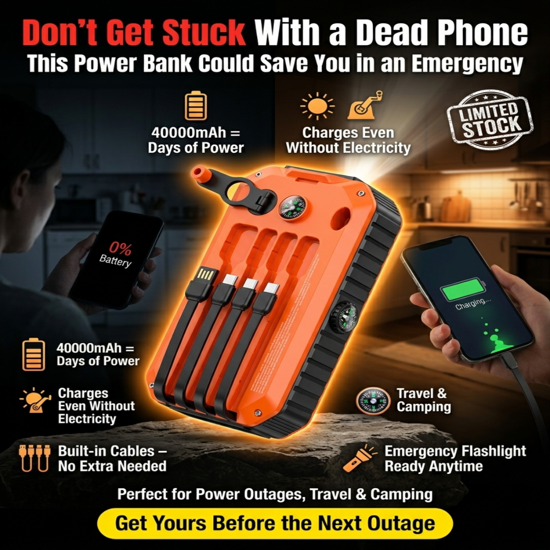 Orange power bank with charging phone and text about emergency use