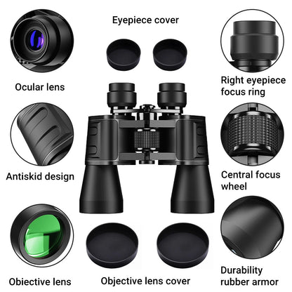 Black binoculars with labeled parts on a white background